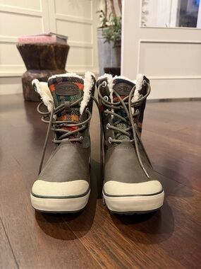 Keen Olive Red Plaid Cream Faux Fur Rain Snow Boots Water Proof